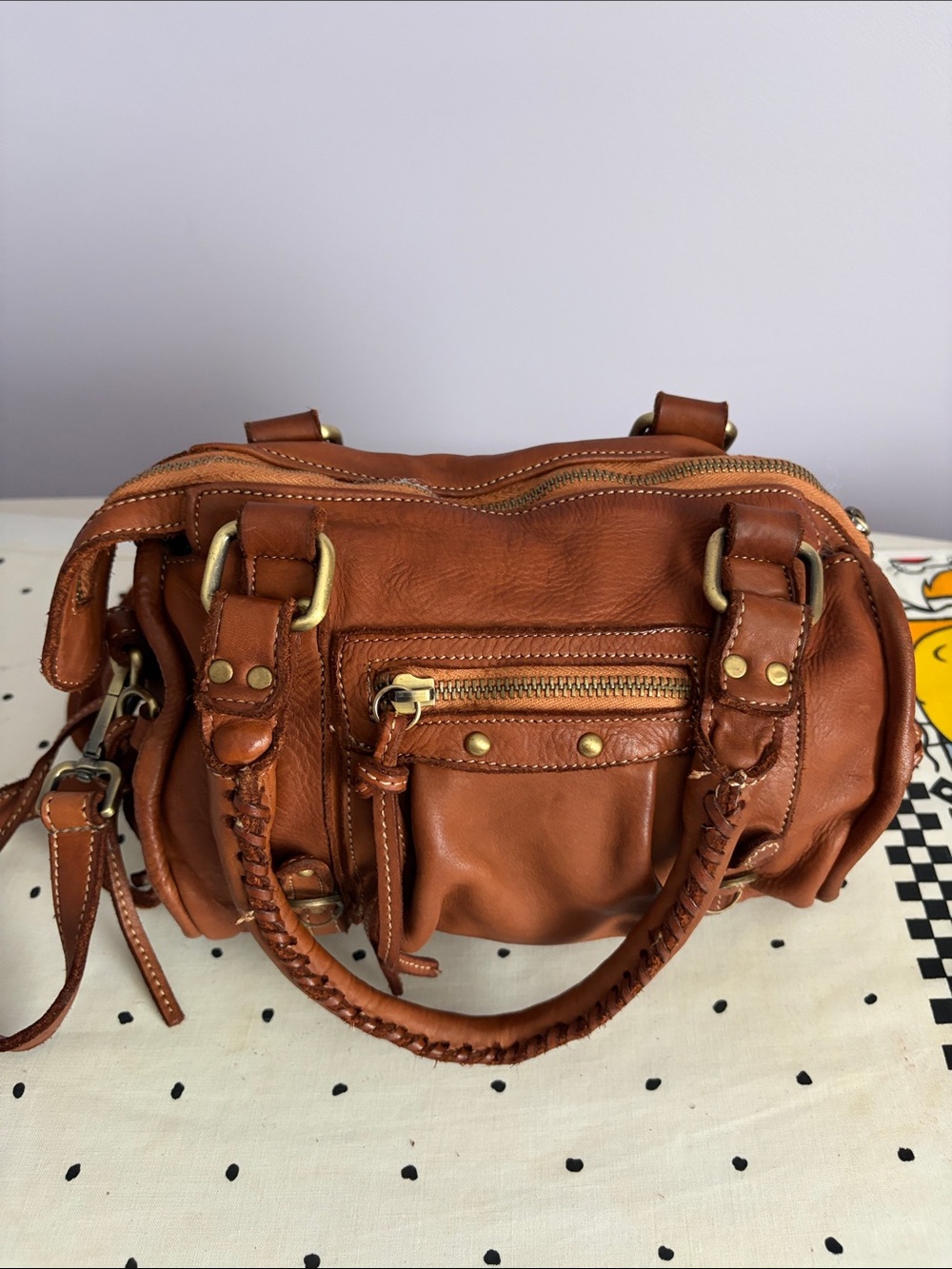 Vera Pelle Cognac Leather Satchel with Braided Handles